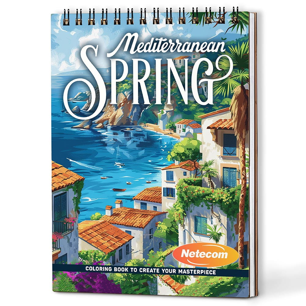 Netecom Mediterranean Spring Coloring Book Spiral Bound For Adults, A5 Wooden Cover, 30 Peaceful Coloring Pages of Mediterranean Landscapes in Bloom for Stress Relief and Relaxation