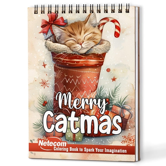 Netecom Merry Catmas Coloring Book Spiral Bound for Adults, A5 Wooden Cover, 30 Christmas Theme Coloring Pages of Cute Cats for Stress Relief and Relaxation