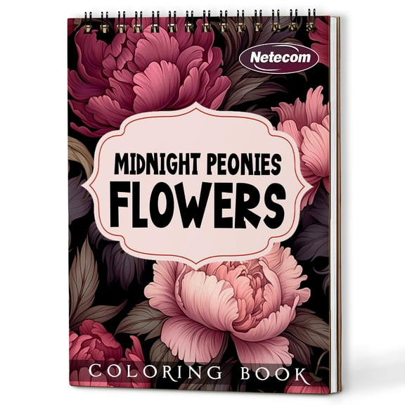 Netecom Midnight Peonies Flowers Coloring Book for Adults, A5 Wooden Cover, Spiral Bound Edition, 30 Enchanting Coloring Pages of Night Blossom Peonies for Stress Relief and Relaxation