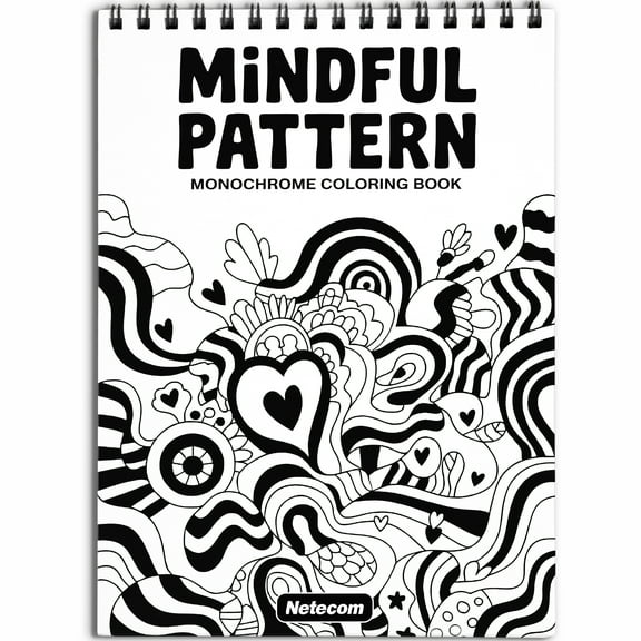 Netecom Mindful Pattern Monochrome Coloring Book Spiral Bound for Adults, Softcover, Relaxing One-Color Illustrations with Flowers, Hearts, Geometric for Mindfulness, Stress Relief