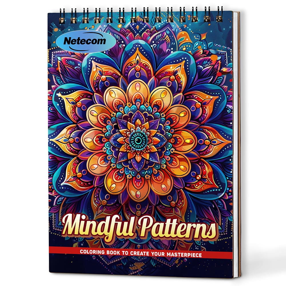 Netecom Mindful Patterns Coloring Book Spiral Bound For Adults, A5 Wooden Cover, 30 Gentle Coloring Pages in Flowing and Organic Designs for Stress Relief and Relaxation
