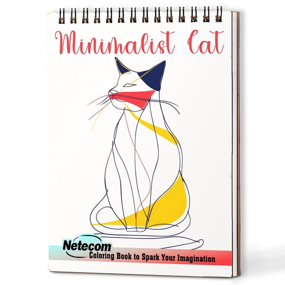 Netecom Minimalist Cat Coloring Book for Adults, A5 Wooden Cover, 30 Simple Coloring Pages of Feline Serenity for Stress Relief and Relaxation, Spiral Bound Edition