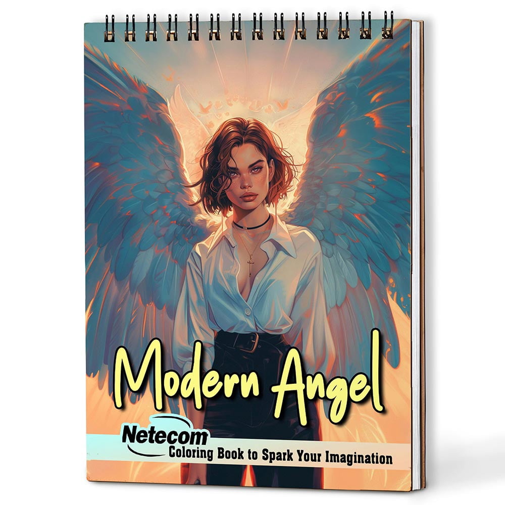 Netecom Modern Angel Coloring Book for Adults, A5 Wooden Cover, Spiral Bound Edition, 30 Elegant Angel Coloring Pages in Modern Styles for Stress Relief and Relaxation