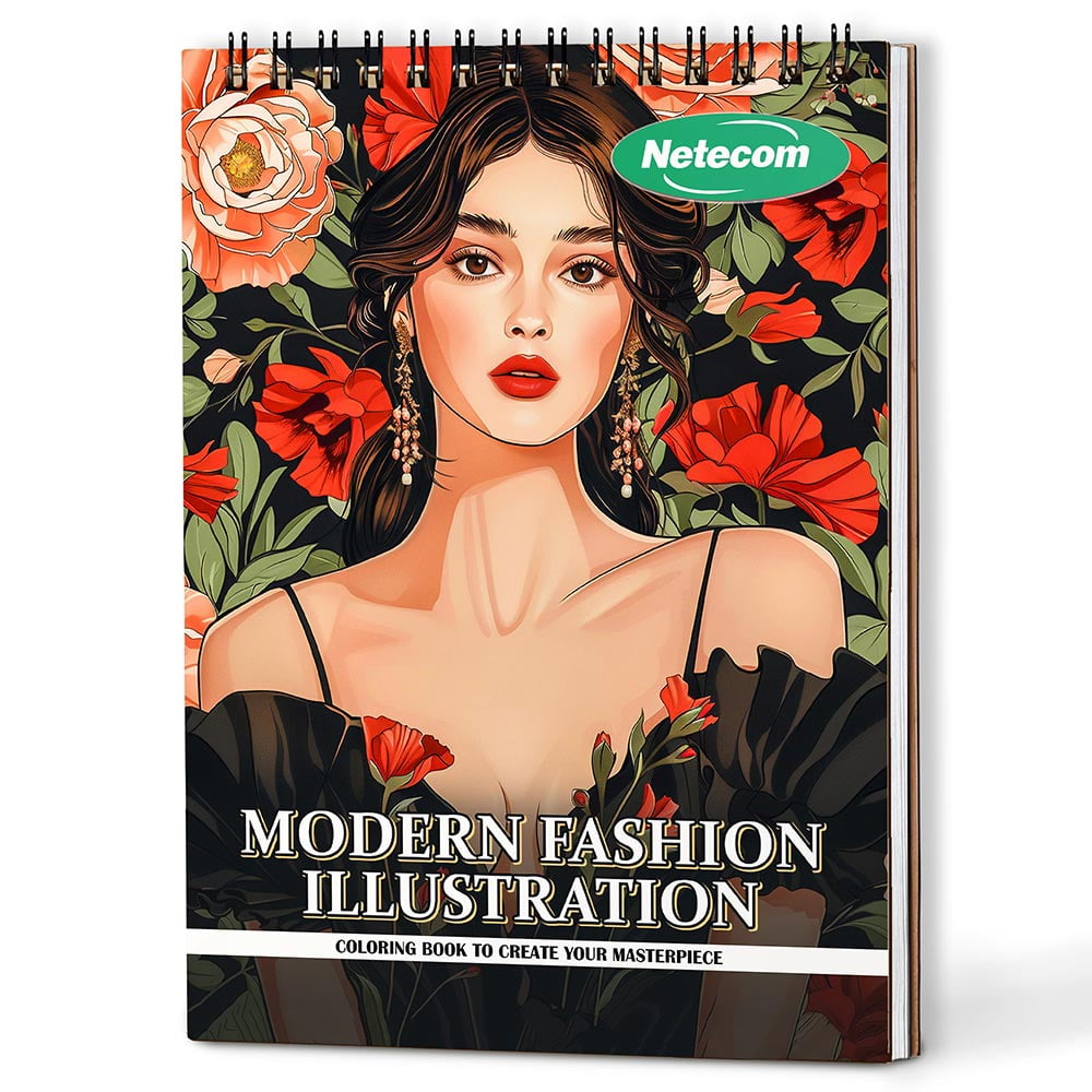Netecom Modern Fashion Illustration Coloring Book Spiral Bound For Adults, A5 Wooden Cover, 30 Charming Coloring Pages for Relaxation and Stress Relief