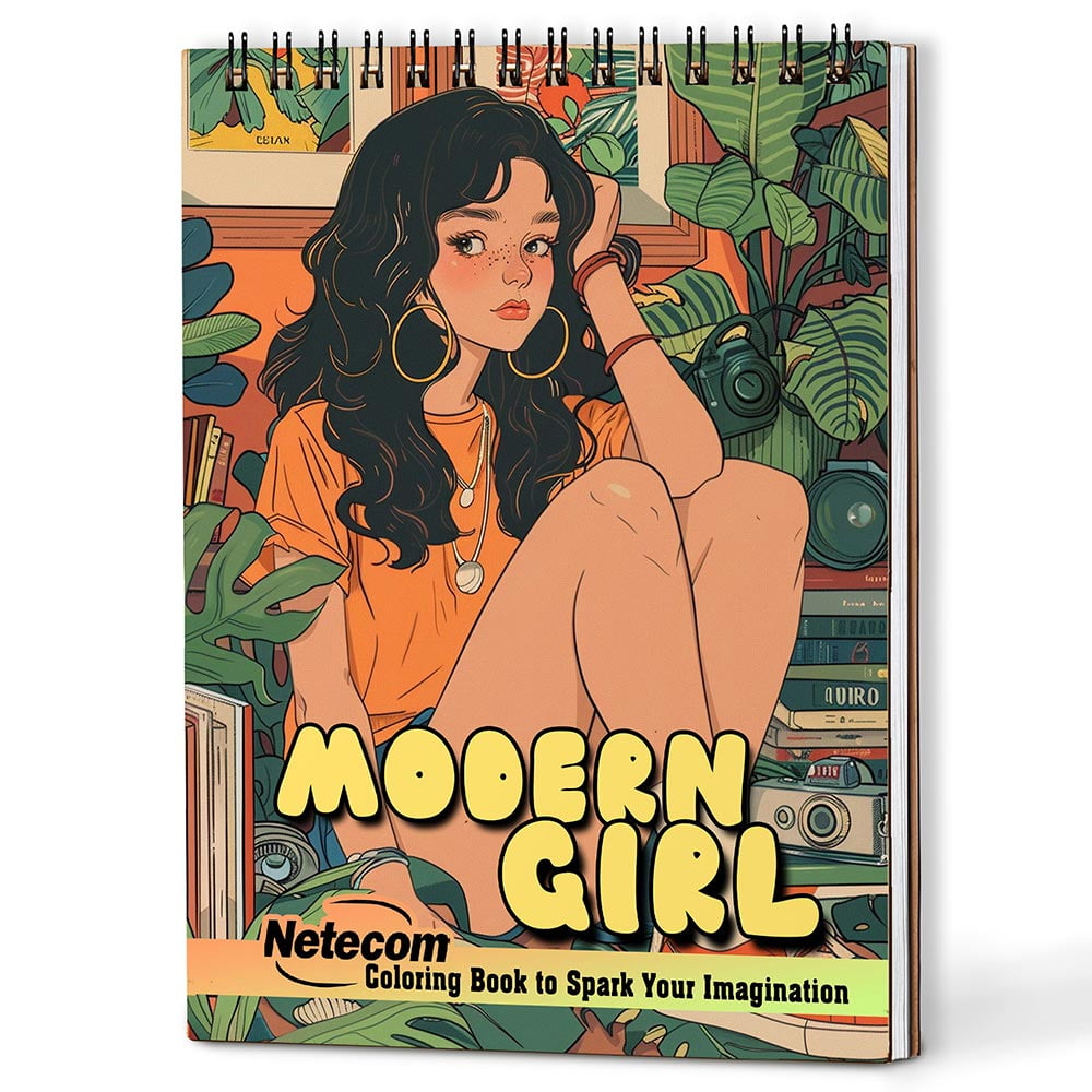 Netecom Modern Girl Coloring Book for Women, A5 Wooden Cover, 30 Portrait Coloring Pages of Contemporary Girls for Stress Relief and Relaxation, Spiral Bound Edition