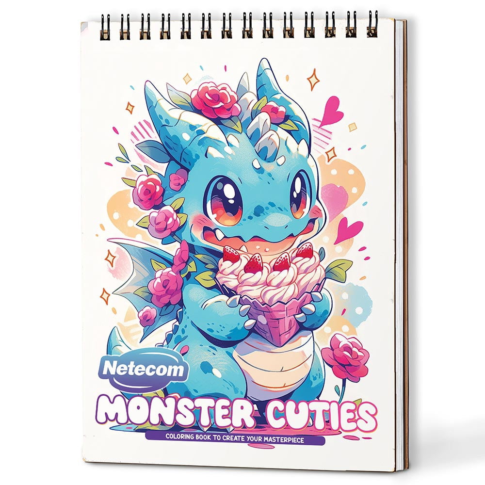 Netecom Monster Cuties Coloring Book Spiral Bound for Adults, A5 Wooden Cover, 30 Adorable Monsters Coloring Pages of Fanciful World for Stress Relief and Relaxation