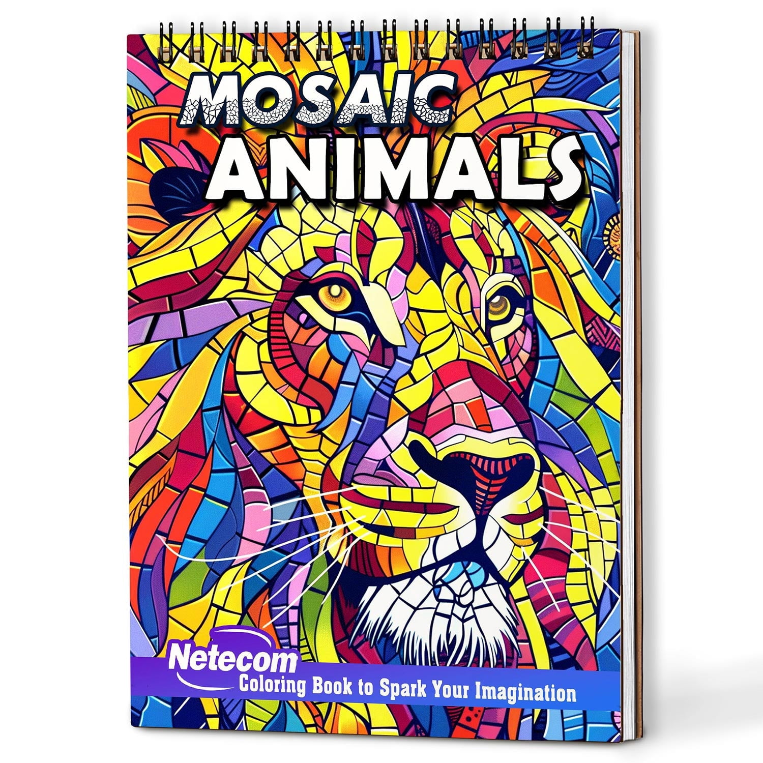 Netecom Mosaic Animals Coloring Book Spiral Bound for Adults, A5 Wooden Cover, 30 Intricate Mosaic Designs of Portrait Animals for Stress Relief and Relaxation
