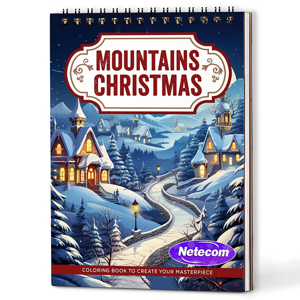 Netecom Mountains Christmas Coloring Book Spiral Bound For Adults, A5 Wooden Cover, 30 Charming Coloring Pages of Wintery Mountains for Stress Relief and Relaxation
