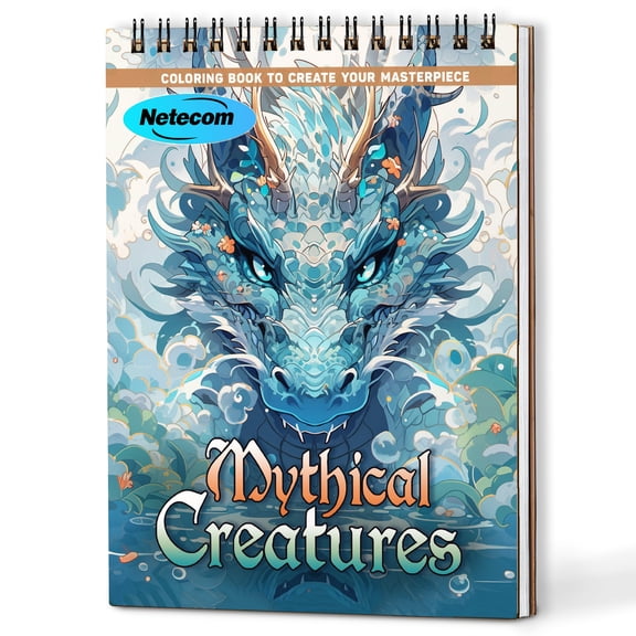 Netecom Mythical Creatures Coloring Book Spiral Bound For Adults, A5 Wooden Cover, 30 Beautiful Coloring Pages of Enchanted Worlds for Stress Relief and Relaxation