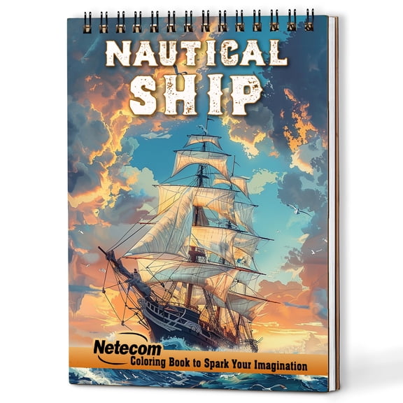 Netecom Nautical Ship Coloring Book Spiral Bound for Adults, Wooden Cover, 30 Beautiful Sailing Ship Coloring Pages of Sea Adventures for Stress Relief and Relaxation