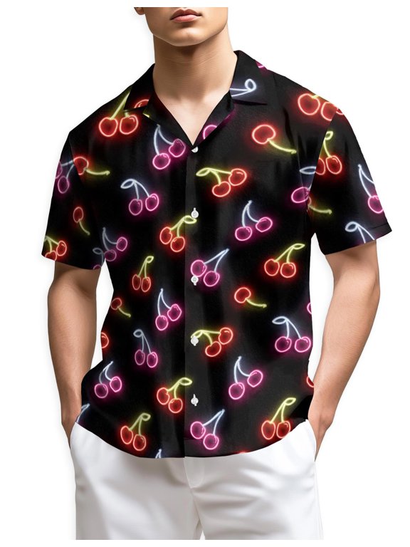 Neon Cherry Hawaiian Shirt for Men, Retro Style, Button Down Summer Beach Short Sleeve, S-5XL