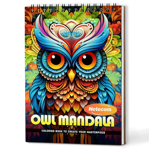 Netecom Owl Mandala Coloring Book Spiral Bound For Adults, A5 Wooden Cover, 30 Calming Coloring Pages in Owl Mandala Designs for Stress Relief and Relaxation