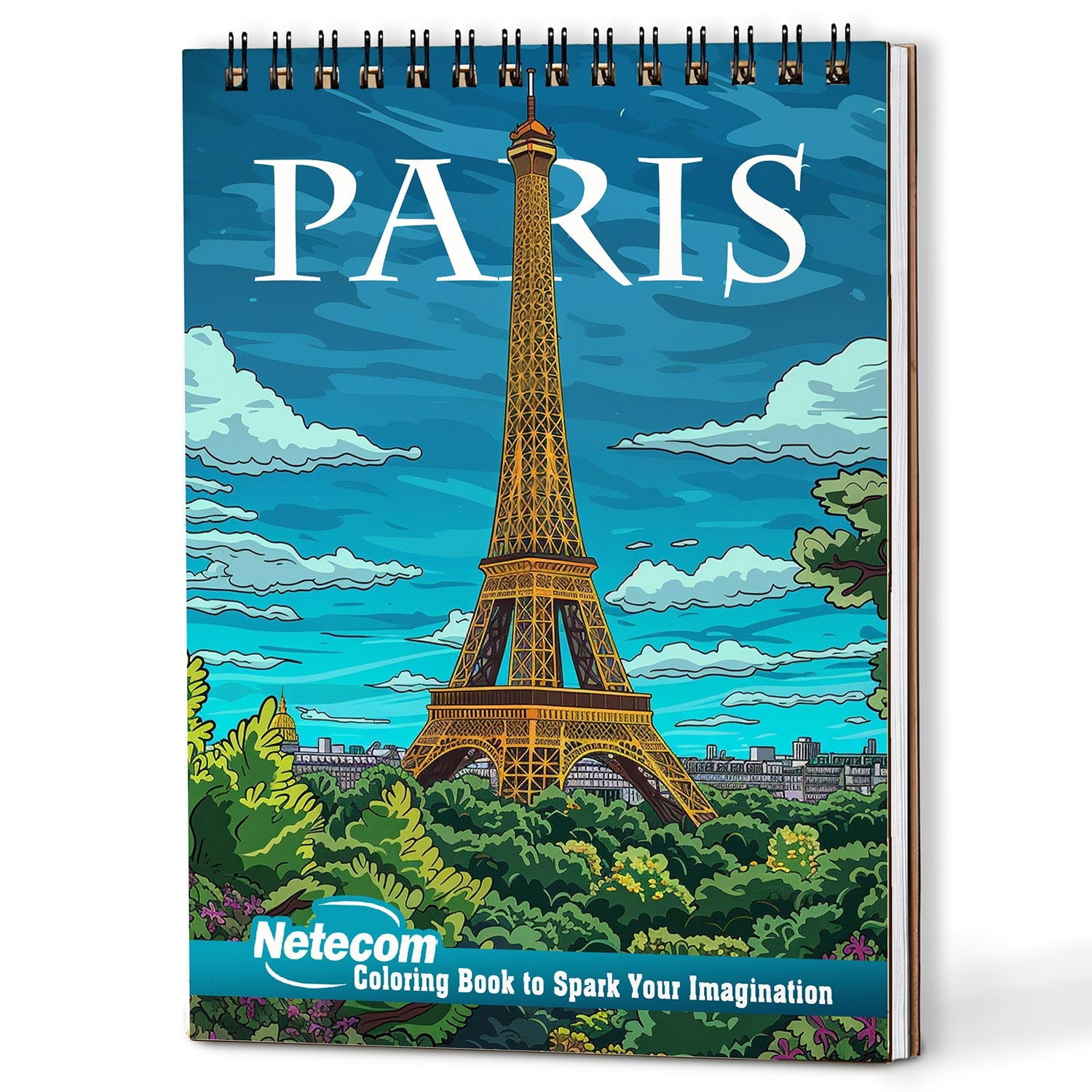 Netecom Paris Coloring Book Spiral Bound for Adults, A5 Wooden Cover, 30 Beautiful Coloring Pages of Iconic Landmarks and Beautiful City Landscape for Stress Relief and Relaxation