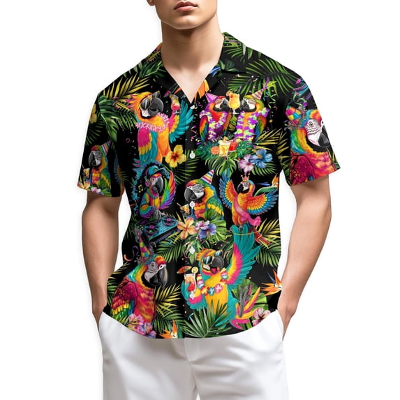 Netecom Party Parrots Hawaiian Shirt for Men, Tropical Style, Button Down Summer Beach Short Sleeve, S-5XL