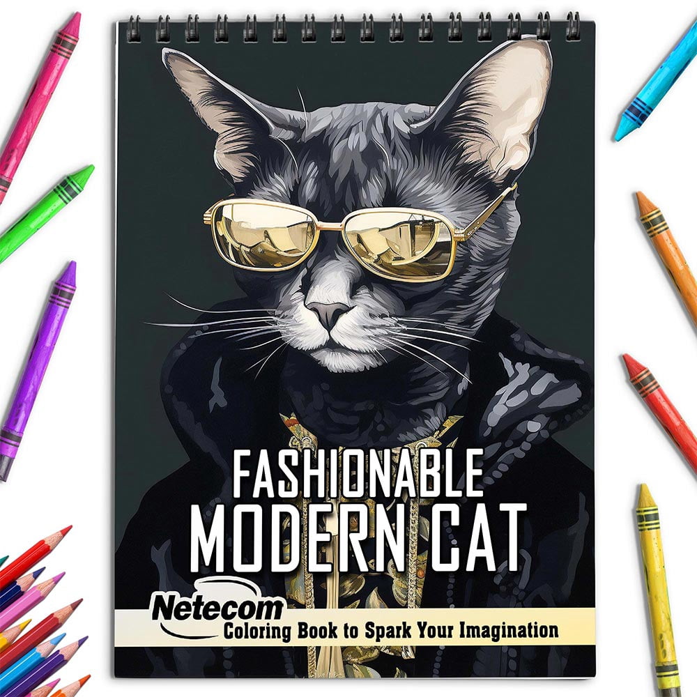 Netecom Fashionable Modern Cat Coloring Book for Adults, Spiral Bound, Soft Cover