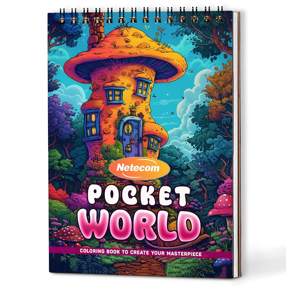 Netecom Pocket World Coloring Book Spiral Bound For Adults, A5 Wooden Cover, 30 Beautiful Coloring Pages of Miniature Landscapes for Stress Relief and Relaxation