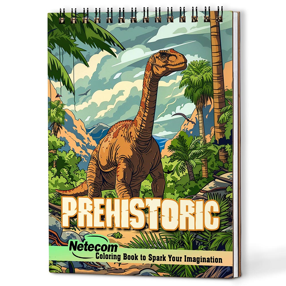Netecom Prehistoric Coloring Book for Adults, A5 Wooden Cover, 30 Enchanting Coloring Pages of Creatures Prehistoric for Stress Relief and Relaxation, Spiral Bound Edition