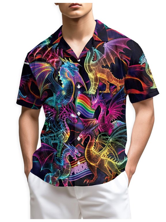 Pride Dragon Hawaiian Shirt for Men, Fantasy Style, Button Down Summer Beach Short Sleeve, S-5XL
