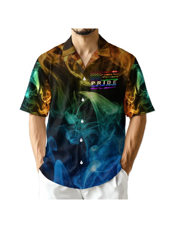Pride Smoke Rainbow USA Flag Hawaiian Shirt for Men, Vintage Style, Button Down Summer Beach Short Sleeve, S-5XL