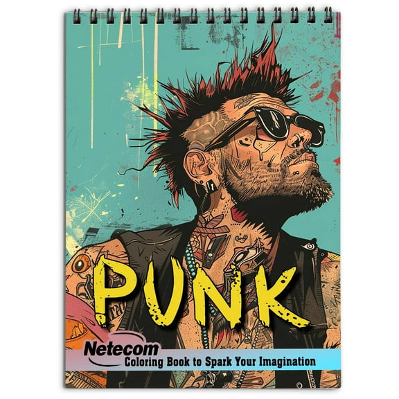 Netecom Punk Coloring Book for Adults Women Men, A5 Wooden Cover, 30 Retro Vintage Coloring Pages in 70s and 80s for Stress Relief and Relaxation, Spiral Bound Edition