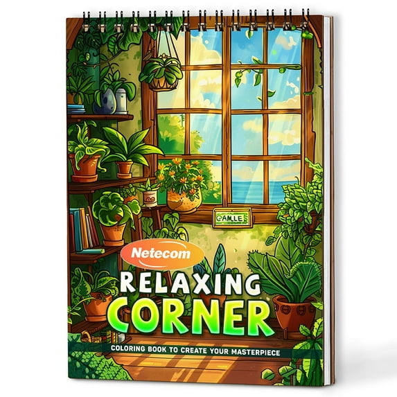 Netecom Relaxing Corner Coloring Book Spiral Bound For Adults, A5 Wooden Cover, 30 Beautiful Coloring Pages of Calming Scenes for Stress Relief and Relaxation
