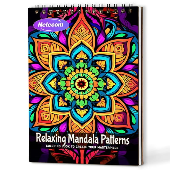 Netecom Relaxing Mandala Patterns Coloring Book Spiral Bound For Adults, A5 Wooden Cover, 30 Beautiful Coloring Pages of Floral Mandalas for Stress Relief and Relaxation