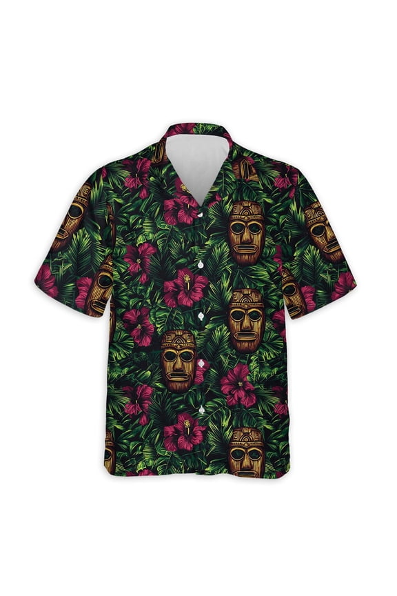 Retro Tiki Mask Hawaiian Shirt for Men, Button Down Summer Beach Short Sleeve, Tropical Style, Sizes S-5XL