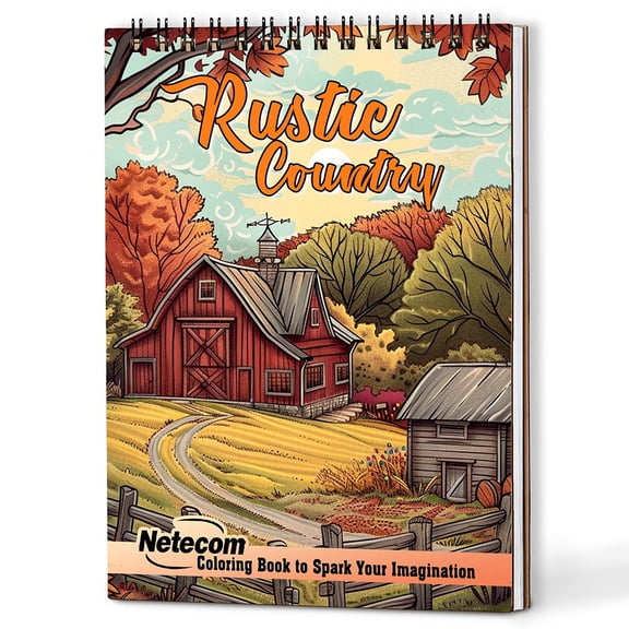 Netecom Rustic Country Coloring Book Spiral Bound for Adults, A5 Wooden Cover, 30 Charming Coloring Pages of Cozy Cottages for Stress Relief and Relaxation