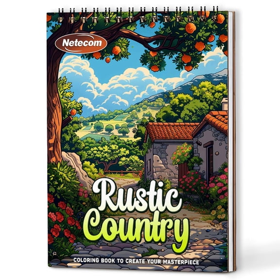 Netecom Rustic Country Coloring Book Spiral Bound for Adults, A5 Wooden Cover, 30 Cozy Coloring Pages of Rural Life for Stress Relief and Relaxation