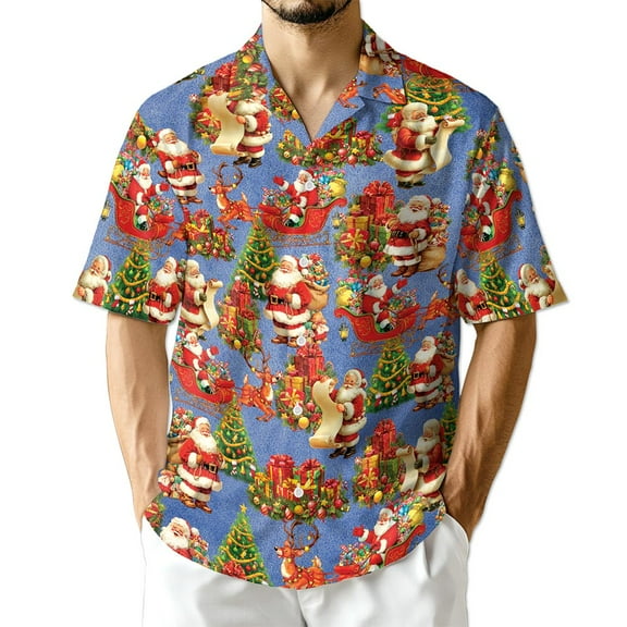 Netecom Santa Claus Christmas Night Hawaiian Shirt, Vintage Xmas Tree Gift Print Button Down Summer Beach Shirts, S-5XL