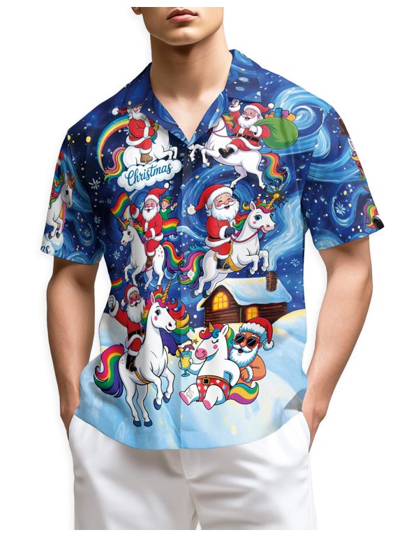 Santa Claus Rainbow Horse Christmas Hawaiian Shirt, Funny Holiday Button Down Summer Beach Short Sleeve Shirt, S-5XL