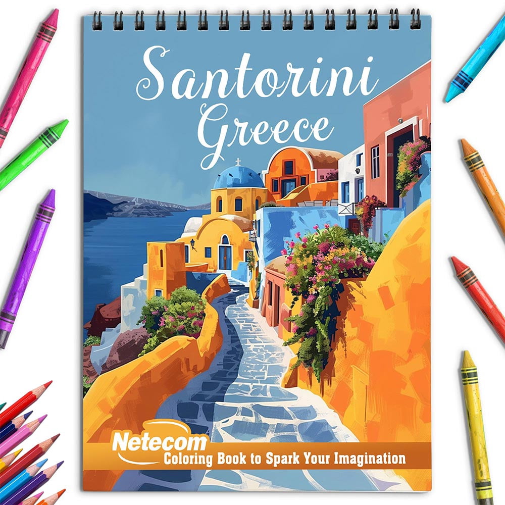 Netecom Santorini Greece Coloring Book for Adults, Spiral Bound, Soft Cover