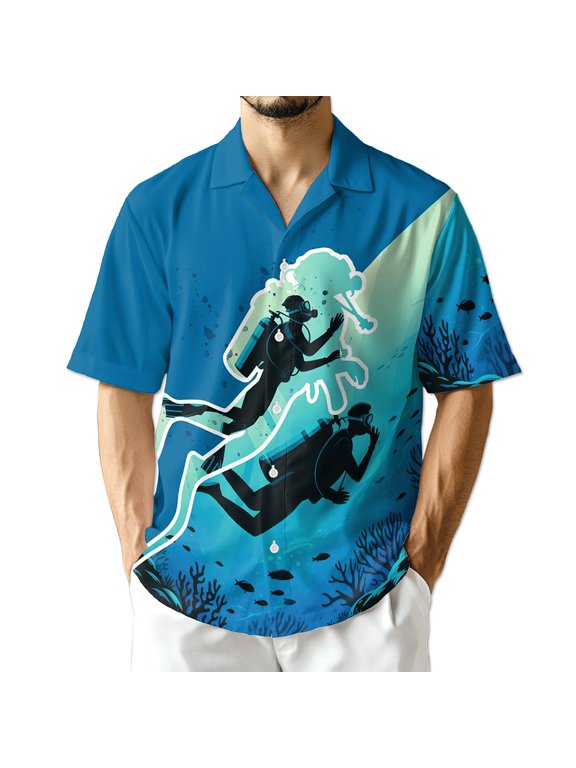 Scuba Diving Hawaiian Shirt for Men, Ocean Style, Button Down Summer Beach Short Sleeve, S-5XL
