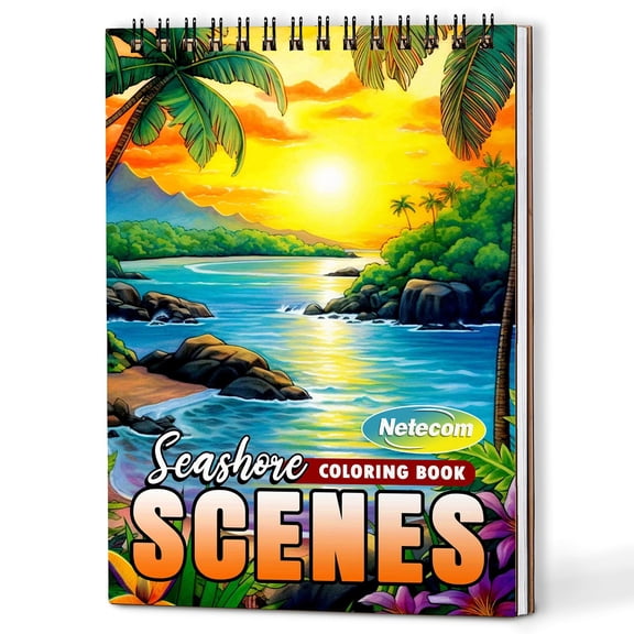 Netecom Seashore Scenes Coloring Book Spiral Bound for Adults, A5 Wooden Cover, 30 Charming Coloring Pages of Sea Landscapes for Stress Relief and Relaxation