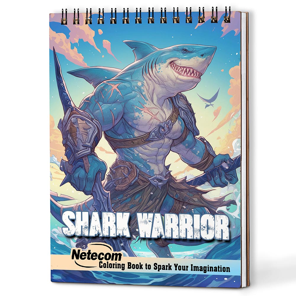 Netecom Shark Warrior Coloring Book for Adults, A5 Wooden Cover, 30 Dynamic Coloring Pages of Ocean Warriors for Stress Relief and Relaxation, Spiral Bound Edition