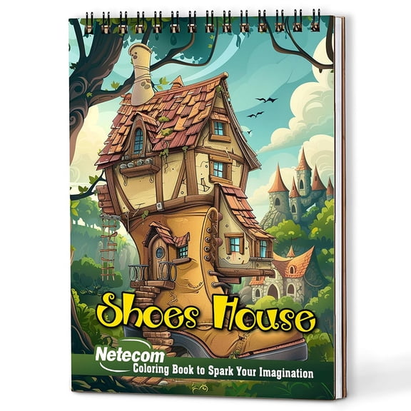 Netecom Shoes House Coloring Book Spiral Bound for Adults, A5 Wooden Cover, 30 Whimsical House Coloring Pages with Different Shapes for Stress Relief and Relaxation