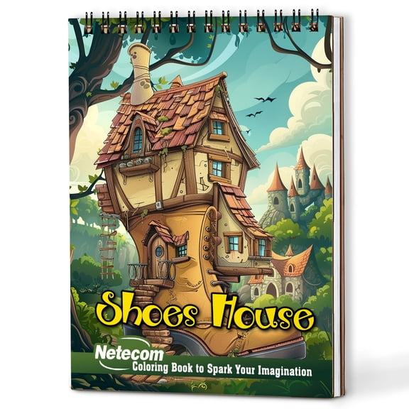 Netecom Shoes House Coloring Book Spiral Bound for Adults, Wooden Cover, 30 Whimsical House Coloring Pages with Different Shapes for Stress Relief and Relaxation