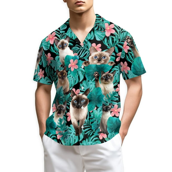 Netecom Siamese Cat Hawaiian Shirt for Men, Button Down Summer Beach Short Sleeve, Tropical Style, Sizes S-5XL