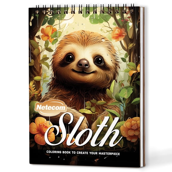 Netecom Sloth Coloring Book Spiral Bound for Adults, A5 Wooden Cover, 30 Chilling Out Coloring Pages of Silly Sloth World for Stress Relief and Relaxation