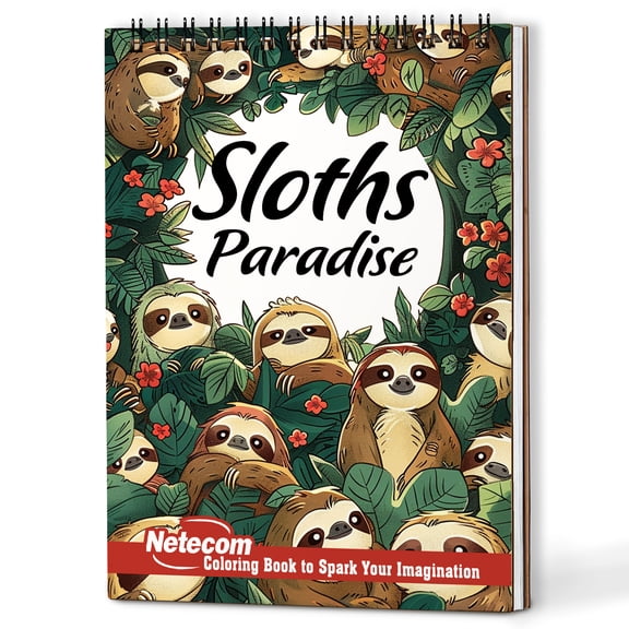 Netecom Sloth Paradise Coloring Book Spiral Bound for Adults, Wooden Cover, 30 Adorable Coloring Pages of Lazy Sloths for Stress Relief, Relaxation