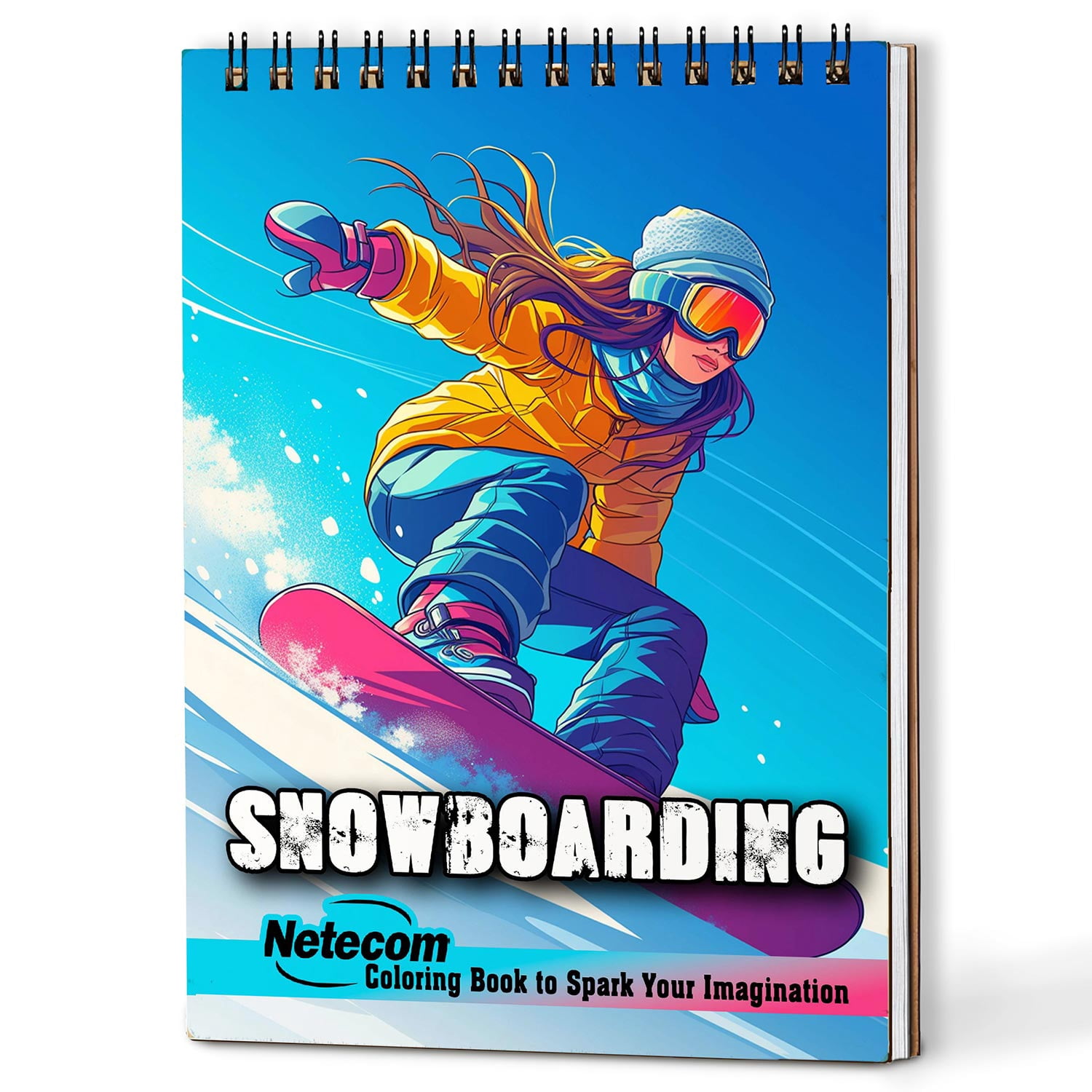 Netecom Snowboarding Coloring Book for Adults, A5 Wooden Cover, Spiral Bound, 30 Awesome Illustrations of Winter Sports for Stress Relief and Relaxation