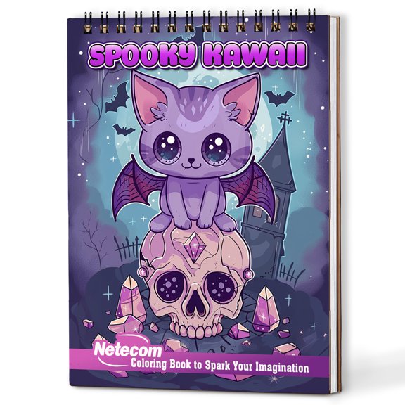 Netecom Spooky Kawaii Coloring Book Spiral Bound for Adults, Wooden Cover, 30 Adorable Horror Coloring Pages of Cute Creatures for Stress Relief and Relaxation