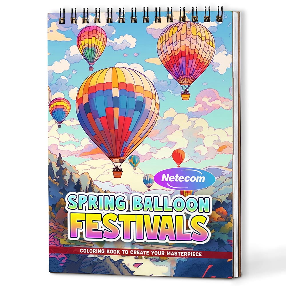 Netecom Spring Balloon Festivals Coloring Book Spiral Bound For Adults, A5 Wooden Cover, 30 Joyful Coloring Pages of Festivals in the Sky for Stress Relief and Relaxation