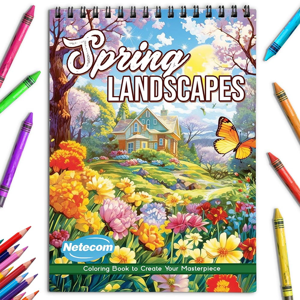 Netecom Spring Landscapes Coloring Book for Adults, Spiral Bound, Soft Cover