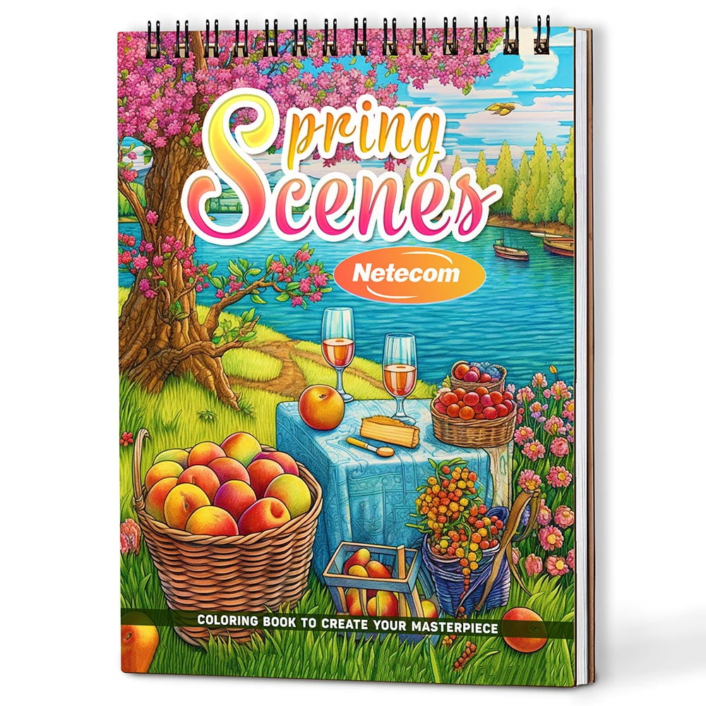 Netecom Spring Scenes Coloring Book Spiral Bound For Adults, A5 Wooden Cover, 30 Delightful Coloring Pages of Blooming Landscapes and Peaceful Gardens for Relaxation and Stress Relief