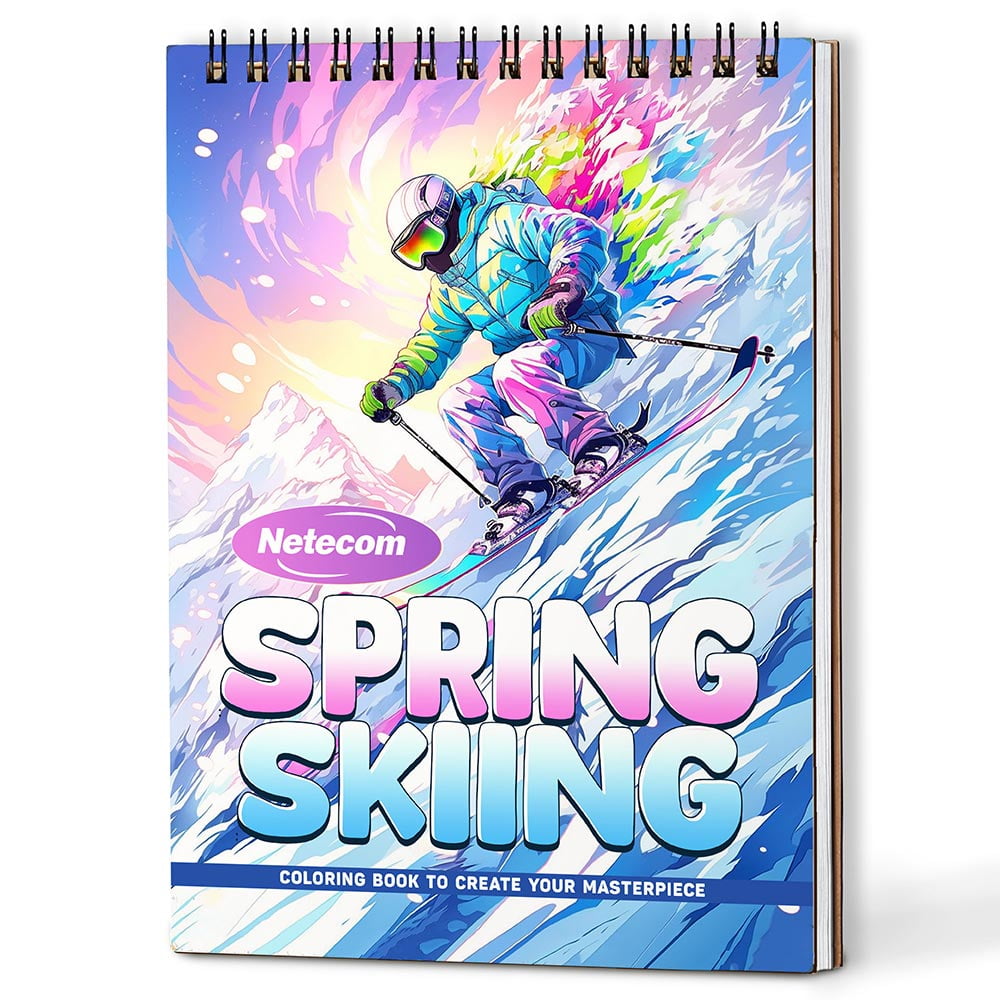 Netecom Spring Skiing Coloring Book Spiral Bound For Adults, A5 Wooden Cover, 30 Scenic Coloring Pages of Snow Capped Peaks for Relaxation and Stress Relief