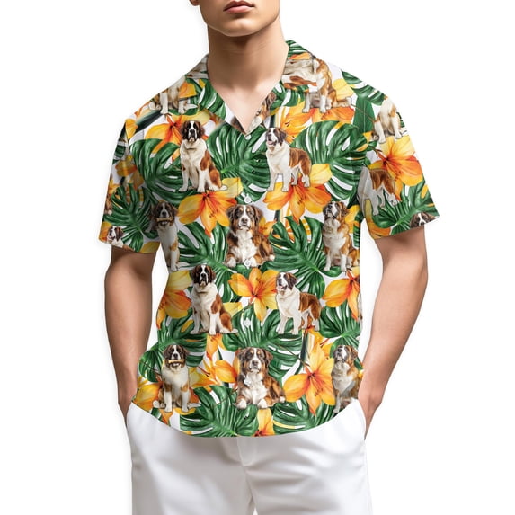 Netecom St.Bernard Hawaiian Shirt for Men, Tropical Style, Button Down Summer Beach Short Sleeve, S-5XL