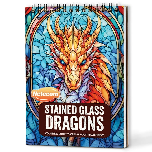 Netecom Stained Glass Dragons Coloring Book Spiral Bound for Adults, A5 Wooden Cover, 30 Intricate Coloring Pages of Stained Glass Dragons Windows Patterns for Stress Relief and Relaxation