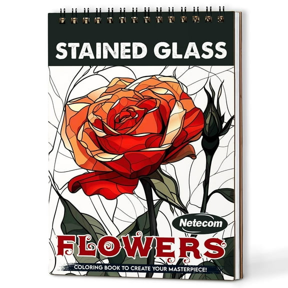 Netecom Stained Glass Flowers Coloring Book Spiral Bound for Adults, A5 Wooden Cover, 30 Delicate Coloring Pages of Beautiful Flowers for Stress Relief and Relaxation