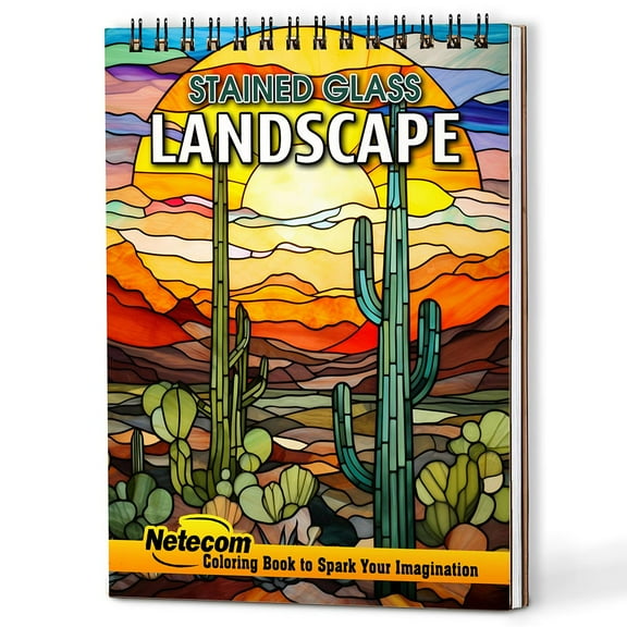 Netecom Stained Glass Landscape Coloring Book Spiral Bound for Adults, A5 Wooden Cover, 30 Intricate Church Window Patterns Coloring Pages of Peaceful Landscapes for Stress Relief and Relaxation